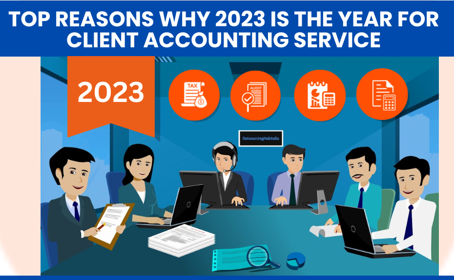 A team is sitting around a table, thinking on client accounting services in the year 2023